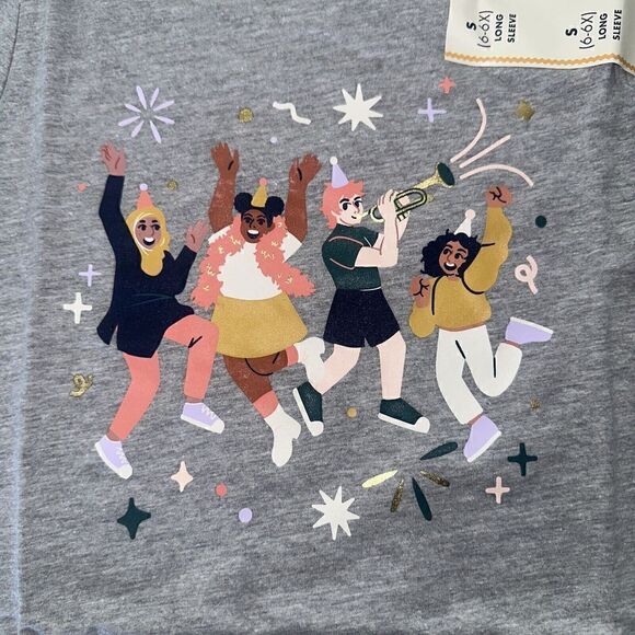 Cat & Jack Girl’s Celebrate Long Sleeve Graphic T-Shirt Gray Size Small. NWT. U - Picture 2 of 5